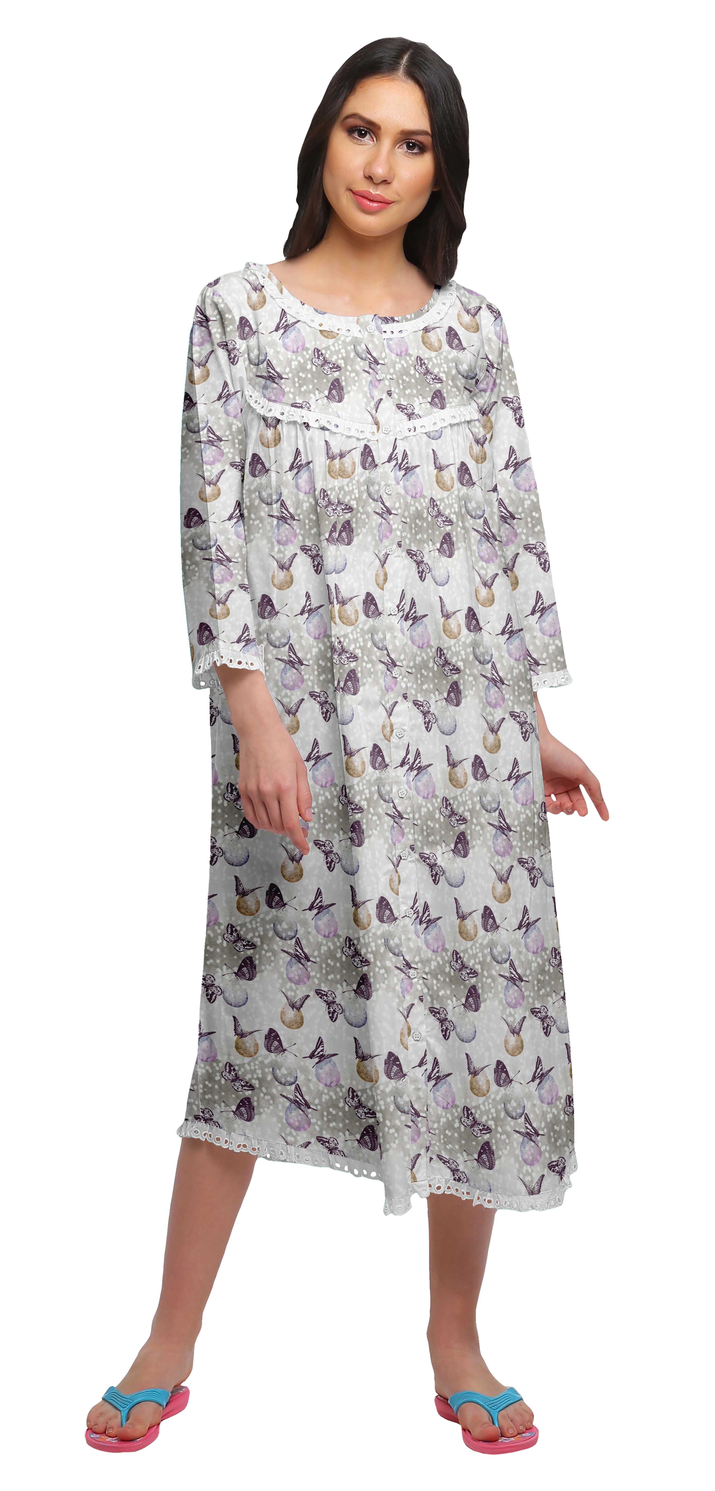 Moomaya Robe de Nuit Imprimée Longueur Genou en Coton avec Bordure en Dentelle Manches 3/4 pour Femmes