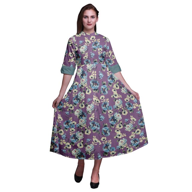 Bimba Robe-Chemise Mi-Mollet pour Femmes à Manches Roulées à Imprimé Floral Boutonnée - Xxx-Grand
