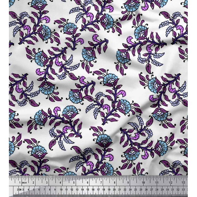 Soimoi Georgette Viscose Fabric Leaves & Floral Block Print Sewing Fabric Yard 42 Inch Wide