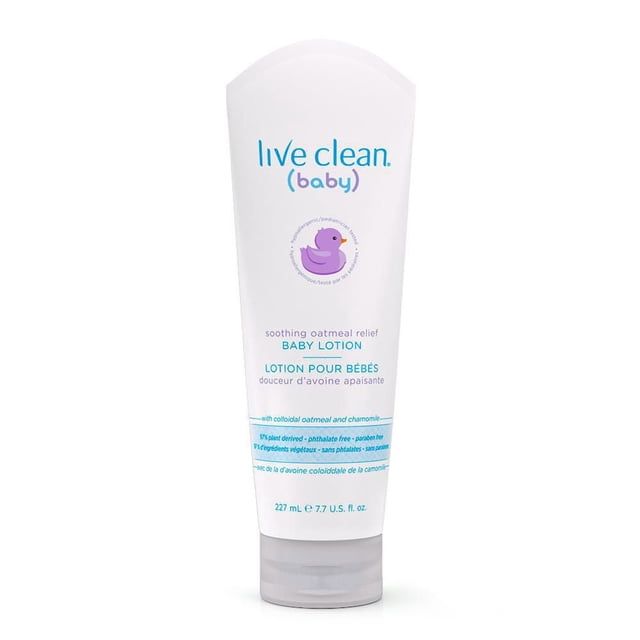 Live Clean Baby Soothing Oatmeal Relief Baby Lotion in a white plastic tube with blue and purple text and a purple duck icon, containing 227 mL (7.7 U.S. fl. oz.) of plant-based, hypoallergenic lotion with colloidal oatmeal and chamomile to soothe and moisturize delicate baby skin.