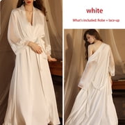 Tawop Women's Robes Ladies Pajamas Pajamas Long Nightgown Home Bathrobe Robe Sexy Sleepwear Thin Satin Long-Sleeved Loungewear Ladies Nightgowns White M