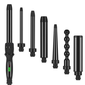 PARWIN PRO BEAUTY 7 en 1 Ensemble de baguettes en fer de curling,Taille de curling double tension 7 Interchangeable Diamond Céramique Couvercle de cheveux avec LCD Contrôle de température Arrêt automatique noir