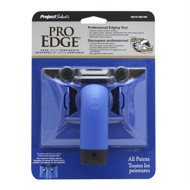 Project Select Pro Bordure en Mousse Floquée avec Poignée Pivotante Filetée Bleue et Système de Libération par Pression Noir, Conçue pour Toutes les Peintures sur des surfaces Intérieures Lisses à Semi-Lisses comme les Portes, les Fenêtres et les Plinthes, Affichée dans un Emballage de Vente au Détail Bleu et Gris.