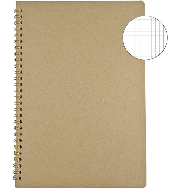 Spiral Graph Paper Notebook, B5 grid notebook with a durable double spiral binding and kraft paperboard cover. Features a natural brown cover with golden spirals and includes a gift pen and sticky notes. The grid paper is shown in a close-up inset, ideal for precise writing or drawing.