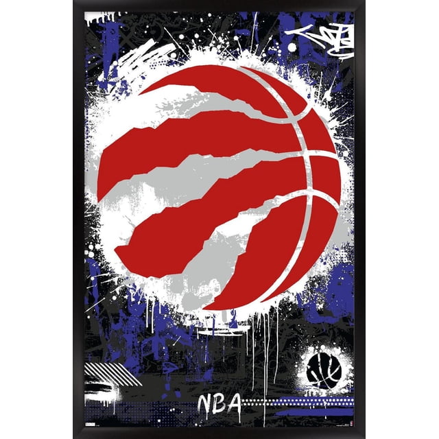 NBA Toronto Raptors - Maximalist Logo 23 Wall Poster, 22.375" x 34", featuring a large red basketball with gray claw marks and white splatter paint effects on a black and blue graffiti-style background, suitable for NBA fan room decor and party decoration.