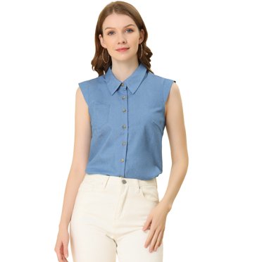 Unique Bargains Femmes Casquette Manches de Travail Chemises Tourner vers le Bas Col Bouton Chemisier Tops