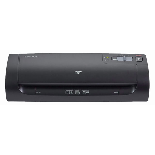 GBC® Fusion® 1100L 9-inch thermal pouch laminator in matte black with front-facing control panel featuring a slider for 3 or 5 mil pouch thickness, release button, and indicator lights. Laminates letter and photo sizes, warms up in 3 minutes, and laminates at 13 inches per minute, ideal for preserving documents, photos, and crafts.