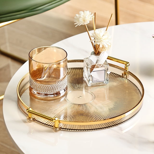 karymi Plateau de Service Rond avec Poignées pour Table Basse de Salon, Plateau de Rangement en Plastique Transparent de 11,73 Po de Diamètre pour Tasses à Thé Collations, Décor de Maison Beige Durable Cadeaux d'Anniversaire