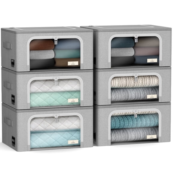 Sorbus Oxford Fabric Storage Bins: Stackable, Foldable Organizer Bags, with Clear Window (Set of 6), Gray