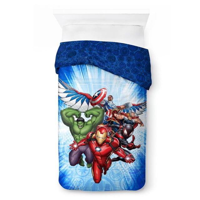 Avengers Reversible Twin/Full Comforter measuring 72 by 86 inches, featuring Iron Man, Hulk, Captain America, Thor, and Spider-Man in action on a bright blue background, with a reversible dark blue side patterned with Avengers logos, made of 100% polyester and machine washable, suitable for kids' bedding.