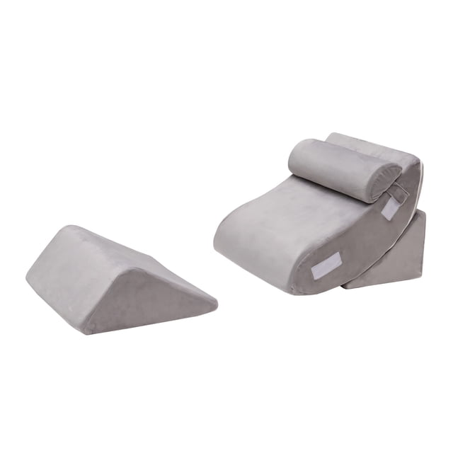 Gymax 4PCS Orthopedic Bed Wedge Pillow Set in grey, ideal for bedding and post-surgery recovery. Includes memory foam and high-density foam pillows: curved base, triangular support, teardrop-shaped back, and detachable headrest. Provides back, neck, and leg support, and helps with snoring or acid reflux. Features soft velvet covers that are removable and machine washable.