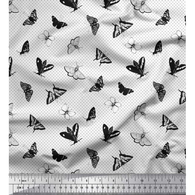Soimoi Black Rayon Fabric Dot & Butterfly Fabric Prints By Yard 56 Inch Wide