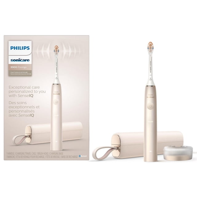 Philips Sonicare Prestige 9900 Rechargeable Toothbrush with SenseIQ (Champagne), HX9990 — front-facing view of a champagne sonic toothbrush with compact brush head, touch interface handle and premium faux-leather travel case with USB charging; SenseIQ monitors pressure, motion and coverage in real time for advanced gum and plaque care, and the case is often used to store brush heads and small oral accessories during travel.