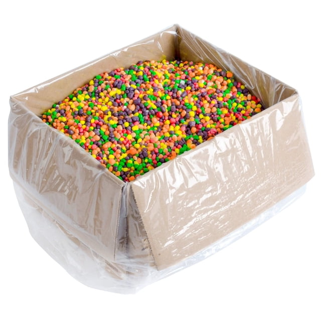 Rainbow Nerds Candy Ice Cream Topping, 10 lb Bulk Bag shown in an open cardboard box lined with clear plastic. The box contains vibrant, tangy candy pieces in red, yellow, green, orange, and purple. These crunchy, irregularly-shaped candies are perfect for enhancing ice cream, frozen yogurt, cupcakes, and other desserts. Suitable for ice cream parlors, bakeries, and dessert stations.