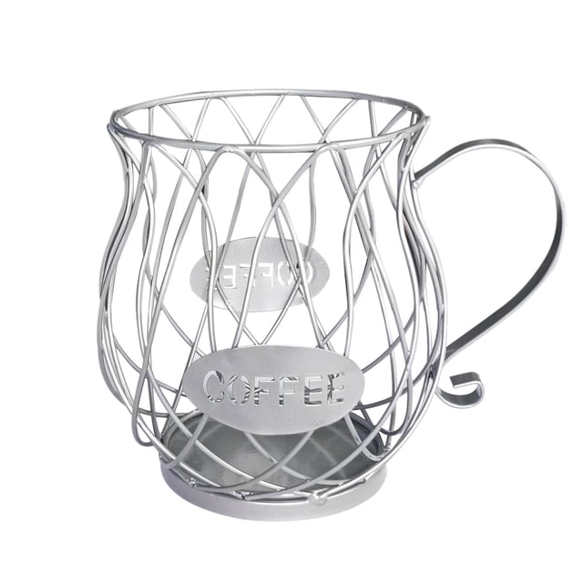 Coffee Pod Holders for K Cups with a cup-shaped design made of anti-rust metal, ideal for counters and coffee bars. The wireframe structure features a smooth base and a top opening for easy access to coffee pods. Measuring 14 x 15 x 9.5 x 17.5 cm, it can store up to 35 K-cups or 50 small coffee packages. This space-saving storage rack complements modern kitchen decor.