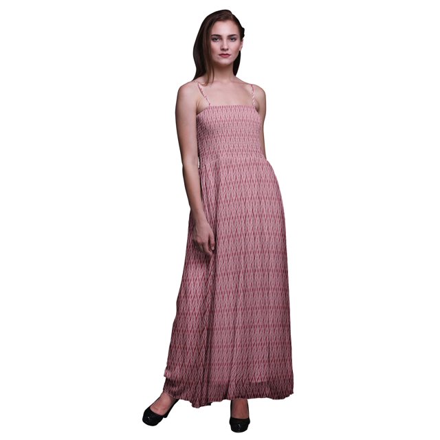 Bimba Robe Longue Maxi à Imprimé de Feuilles de Monstera pour Femmes, Corsage Smocké - Moyen