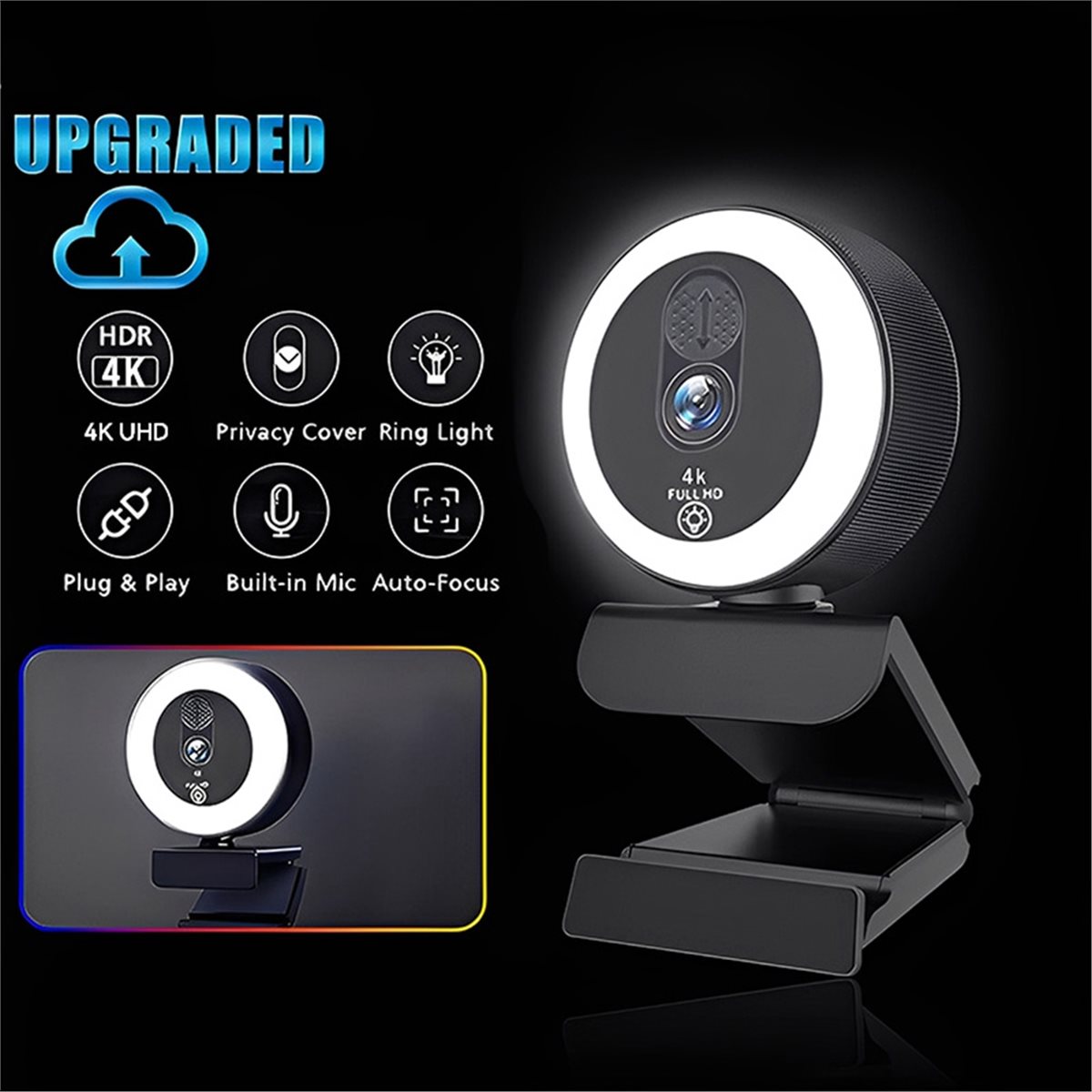 4k Webcam with Fill Light Autofocus USB Camera with Microphone Rotatable Webcam for Streaming Video Conferencing
