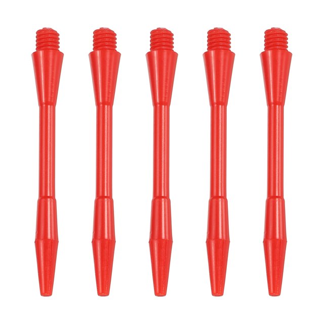 Unique Bargains 45mm Plastic Dart Shafts, 15 Pack 2BA Thread Dart Stems, Red. A close-up view of five red plastic dart shafts with 2BA threads, designed for compatibility with most standard dart barrels. Each shaft measures 45mm in length and features a durable plastic construction for balance and stability during play. Ideal for casual and professional dart players.