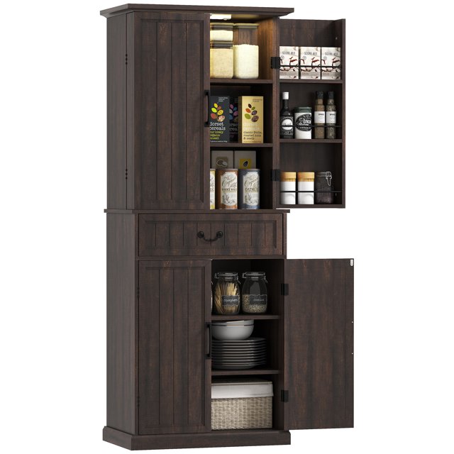 HOMCOM Armoire de Garde-Manger de Cuisine Style Ferme avec Lumière, Conçue pour le Rangement de la Cuisine et l'Organisation du Garde-Manger. Dotée d'Une Finition grain de Bois Brun Rustique, une Armoire Supérieure avec une Lumière DEL à Détecteur de Mouvement Personnalisable en Luminosité et en Température de Couleur, Deux Armoires à Trois Niveaux, six Supports de Porte et un Grand Tiroir. des Tablettes Ajustables Offrent des options de Rangement Flexibles, pendant Que des Portes Magnétiques et une Trousse Anti-Basculement Assurent la Sécurité. Fabriquée à Partir de Panneau de Particules durable et de MDF, Cette Armoire Haute