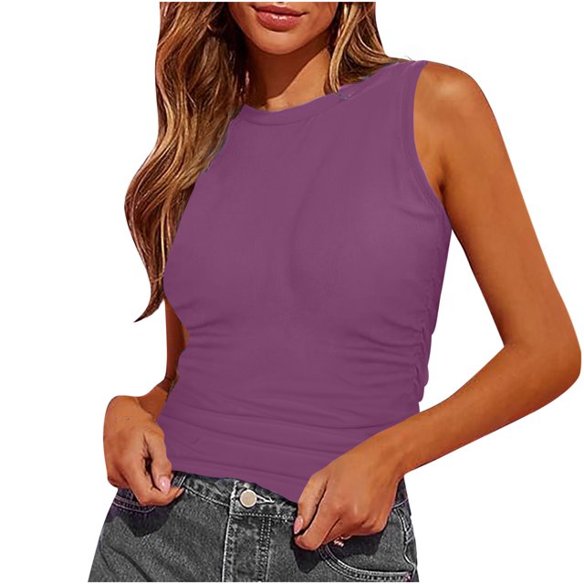 Timegard Tank Tops for Women Round Neck Sleeveless Ruched Comfy Solid Color Summer Casual Slim Tops