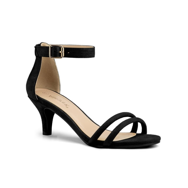BLISSFUL STEP Women's Shoes Faux Suede Ankle Strap Kitten Heel Slide Straps Solid Sandals Black 9.5