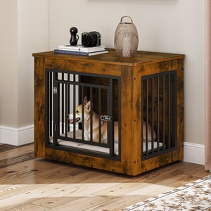 Dextrus 2-in-1 Meubles de grille de chien en bois de fer avec dessus imperméable, chiens modernes Kennel Intérieur jusqu'à 35 lb pour chiens moyens, brun rustique
