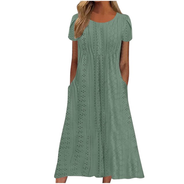 Ovzne Robes d'Été pour Femmes Robe Femme Été Aguichant Mode Couleur Unie Poche Volant Manches Courtes Col Rond Robe Grande Taille Robe Manches Courtes Liquidation