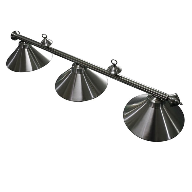 Hathaway Soft Brushed Stainless Steel 3-Shade Billiard Light with three conical metal shades featuring white interiors on a 54-inch brushed stainless steel bar, suitable for pool table and game room lighting.