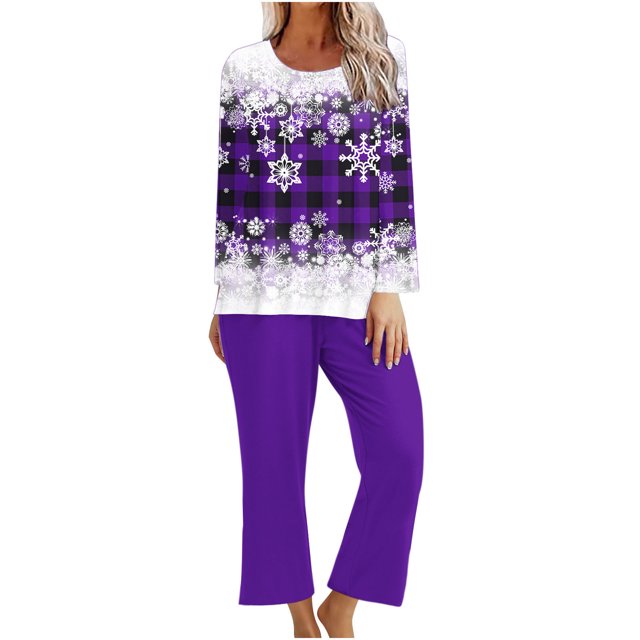 Pisexur Pyjama de Noël pour Femmes Ensemble Deux Pièces Tendance des Fêtes Imprimé Flocon de Neige Pyjamas de Noël Décontractés Manches Longues Col Rond Hauts Pantalons de Pyjama Tenue de Nuit