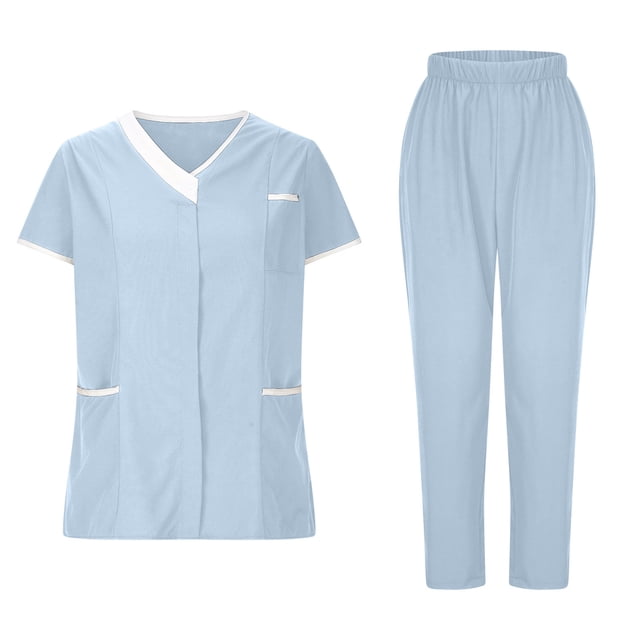 Working Uniforms Nurse Scrub Set for Women Short Sleeve Work Shirts and Long Pants Cozy Home Attendant Outfits, Sky Blue, XXL
