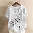 thumbnail image 2 of T-shirts en Lin à Col Rond Oversize pour Femmes, Manches Courtes, T-Shirts en Coton, Imprimé Floral, à Boutons, Blouses Tendance, 2 of 7