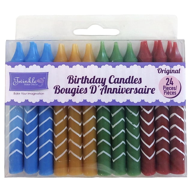 Twinkle Birthday Candles in Primary Colour Range with 24 striped candles in assorted blue, yellow, green, and red colours, each 7.5cm tall, packaged in a clear plastic box with a purple bilingual label, ideal for birthday celebrations and party décor.