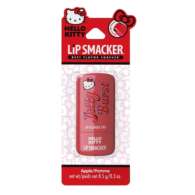 Hello Kitty Jelly Burst Lip & Cheek Tint in apple flavor, with a hydrating, bouncy jelly texture in a red stick featuring Hello Kitty branding, providing a sheer, buildable, long-lasting burst of color for lips and cheeks.