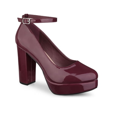 BLISSFUL STEP Women's Block Heel Pumps Platform Ankle Strap Round Toe Heel Burgundy 9