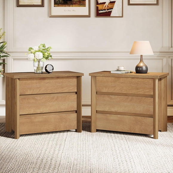 Tribesigns Nightstand with 3 Drawers, Rustic Farmhouse Bedside Table with Storage for Bedroom or Small Spaces, Easy Assembly, 2 Piece