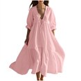 thumbnail image 2 of Robes en Coton et Lin pour Femmes 2025 Décontractées d'Été Amples à Manches Courtes Longues Maxi d'Été Plage Évasées Robe Rose, 2 of 7