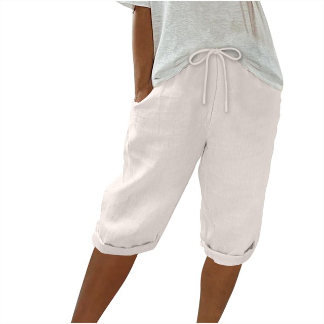AherBiu Summer Shorts for Women Cotton Linen High Waisted Drawstring Lightweight Knee Length Shorts