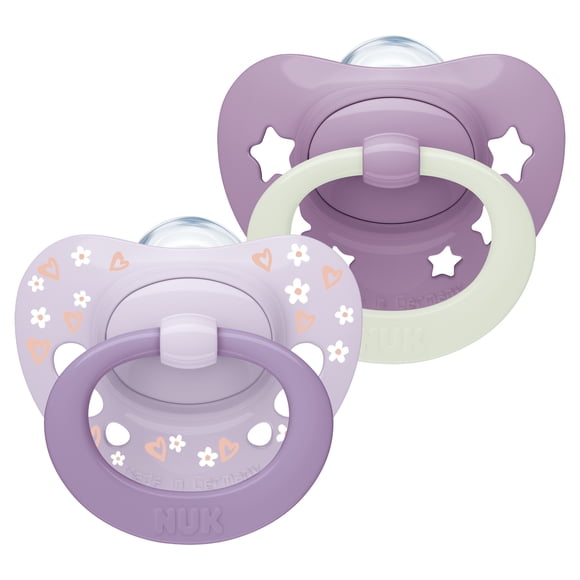 NUK First Choice Classic Night Baby Pacifiers, 0-6 Months, Orthodontic Pacifiers that Glow in the Dark, 95% Baby Acceptance**, Purple, 2 Count