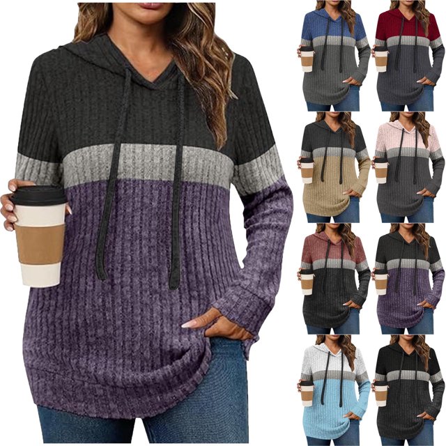 Yuyuzo Hoodies for Women Casual Ribbed Knit V Neck Sweatshirts Long Sleeve Fall Warm Pullover Sweater Tops