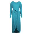 thumbnail image 3 of cfhntfmh Robes de Cocktail pour Femmes Automne Confortables Col Rond Manches Longues Longue Robe Maxi Douce Aguichant Ceinturée Fente Latérale Robe de Soirée, 3 of 3