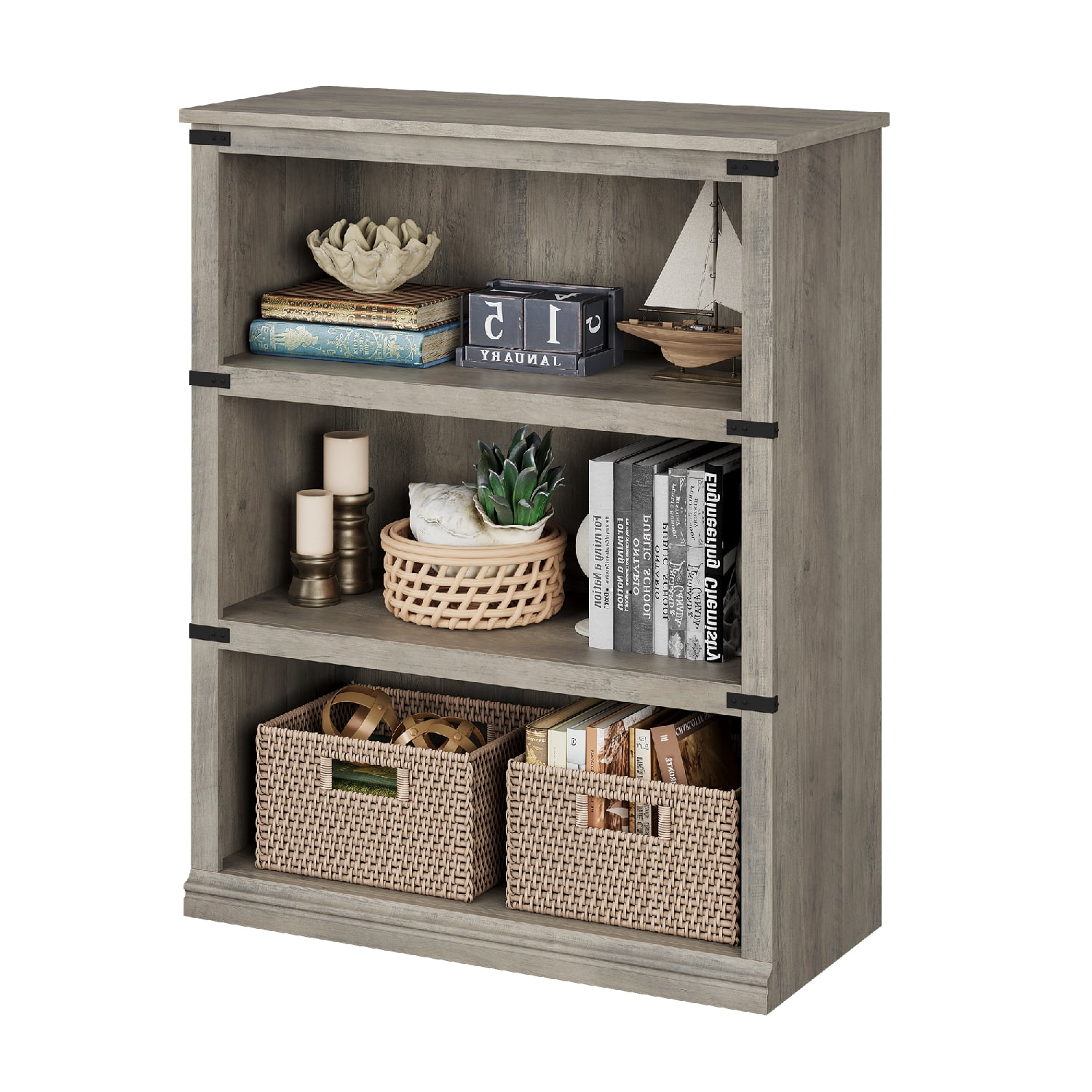 Aoile 3 Tier Bookcase, 43.3" Farmhouse Book Shelf with Storage Open Display Bookshelves Living Room, Bed Room, Gray