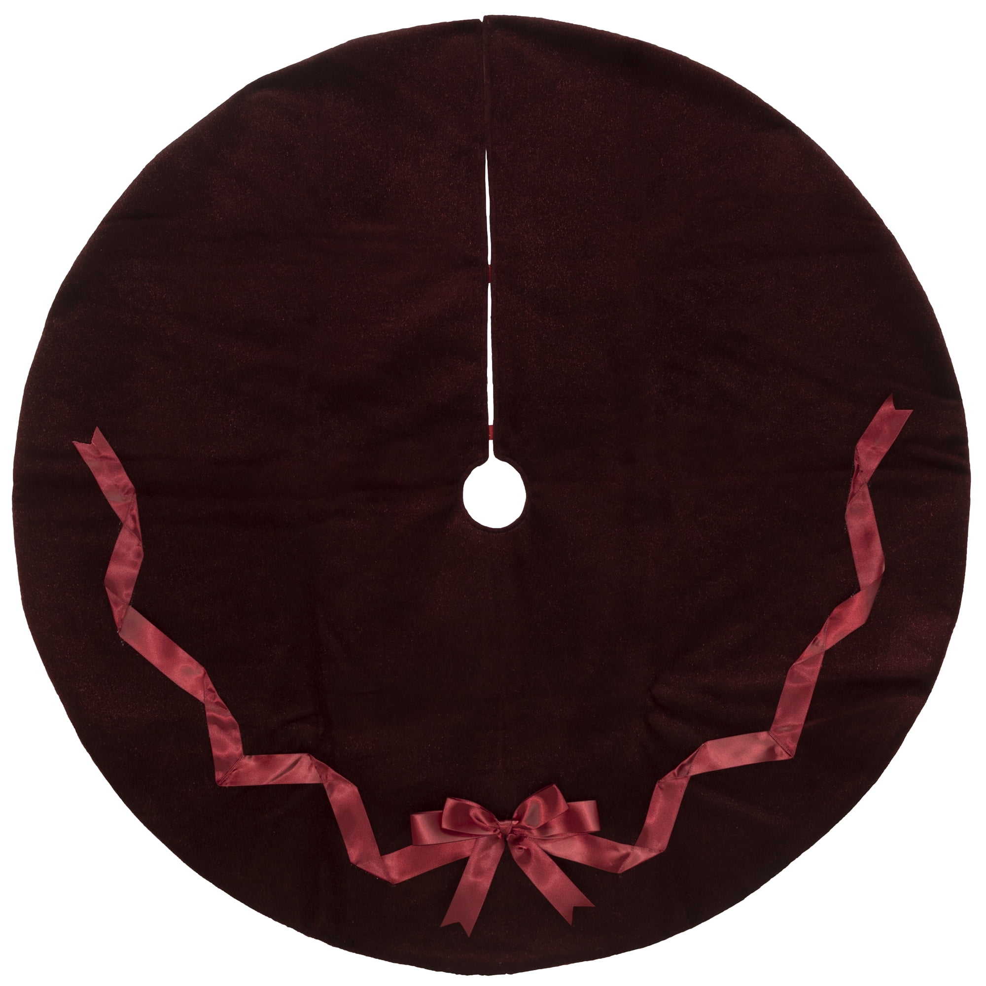 Holiday Time Burgundy Mohair Christmas Tree Skirt with Satin Soft Ribbon and Bow, 48 inches