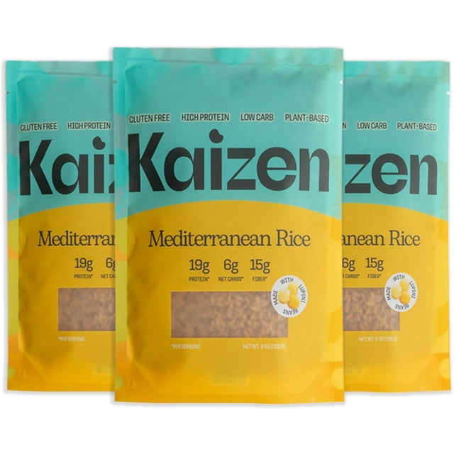 Kaizen Low Carb Keto Mediterranean Rice, a pack of three 8-ounce bags, featuring bold Mediterranean flavors with oregano, thyme, and garlic. High in protein (19g per serving), low in carbs (6 net carbs), gluten-free, plant-based, and made with high-fiber lupin flour. Ideal for Mediterranean-inspired meals, keto-friendly diets, and clean eating. Packaging highlights its non-GMO attributes.