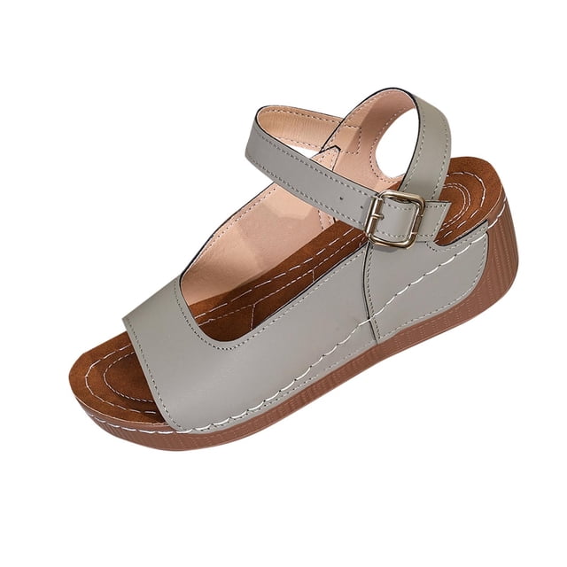 Gray Women'S Stitched Buckle Wedge Beach Sandals For Spring Summer Outdoor Leisure Wear Versatile For Beach And Casual Activities Size 39