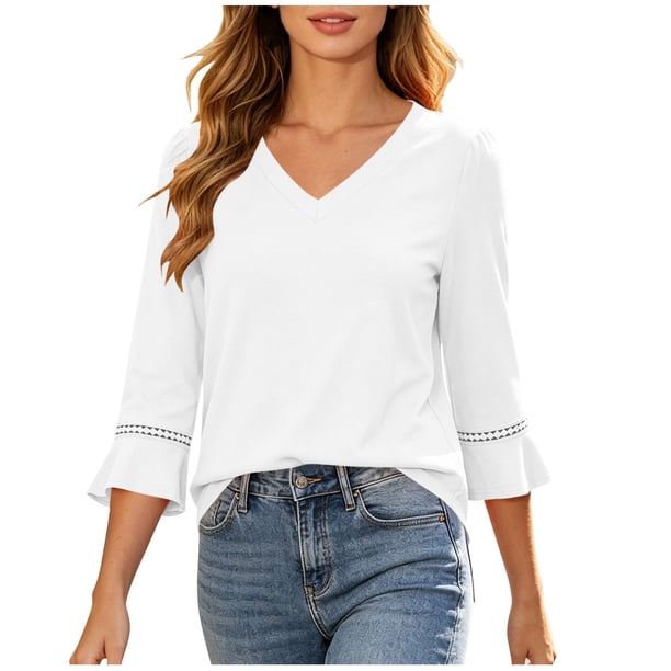 Lienome V Neck Lace Trim Ruffle 3/4 Sleeve Tunic Top Ladies Loose