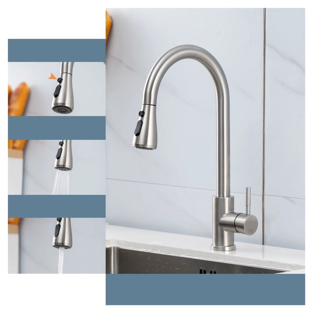 Brushed Nickel Kitchen Faucet Single Hole Pull Out Sink Mixer Hot Cold Taps ,Easy to Install