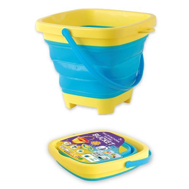 Multifunctional Foldable Beach Bucket Sand Toy for Kids made of plastic and silicone, shown in a vibrant blue and yellow design. The bucket has a collapsible structure with a 2L capacity, dual carrying handles, and a hanging hole for easy storage. The image displays the bucket in its expanded form and folded flat for compact storage. Suitable for sand play, camping, and outdoor activities.