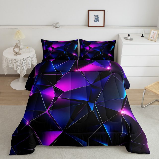 Erosebridal Chic Geometric Bedding King Comforter Set, Black Purple Down Comforter, Modern Abstract Decor, Reversible 3pcs