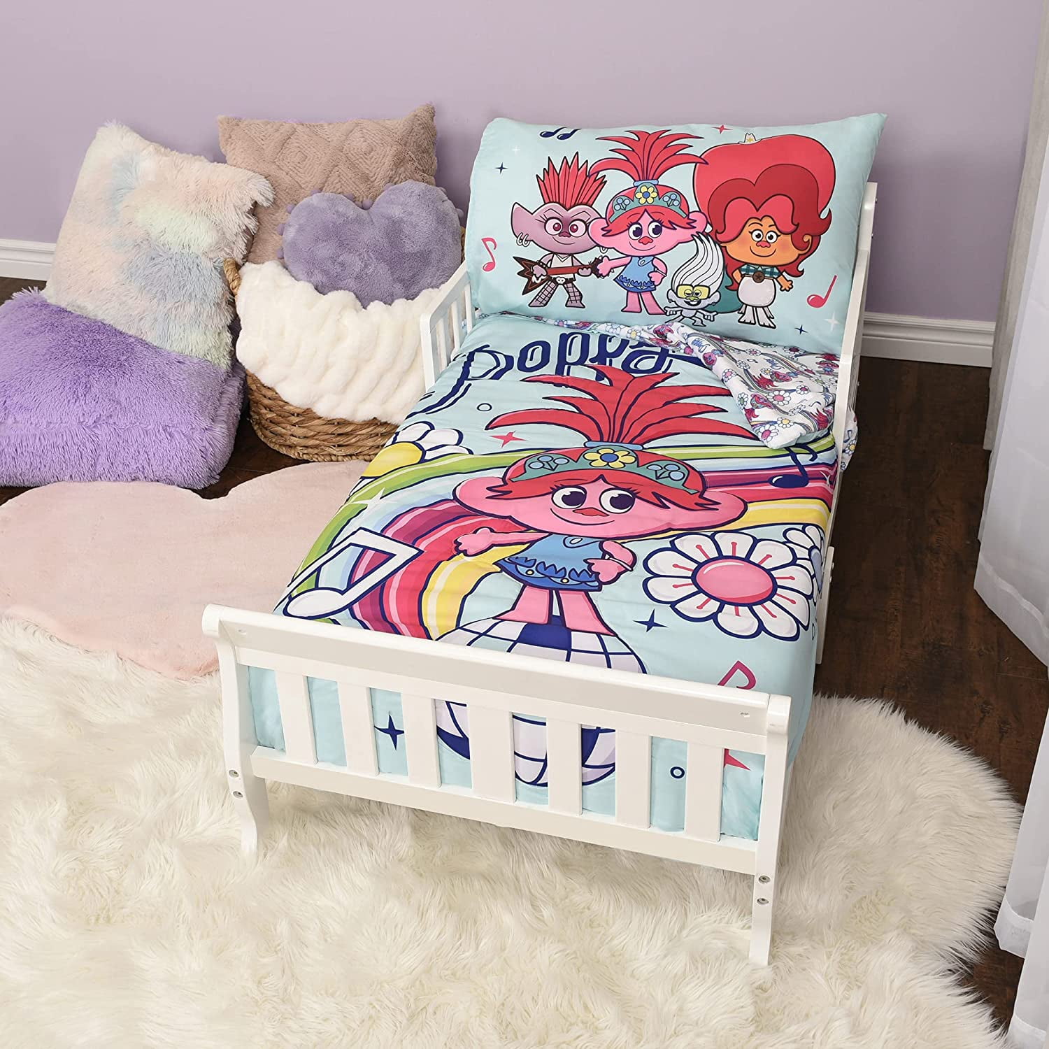Trolls Ensemble de Draps pour Tout-Petits Poppy, Ensemble 3 Pcs pour Enfants avec Couette Réversible