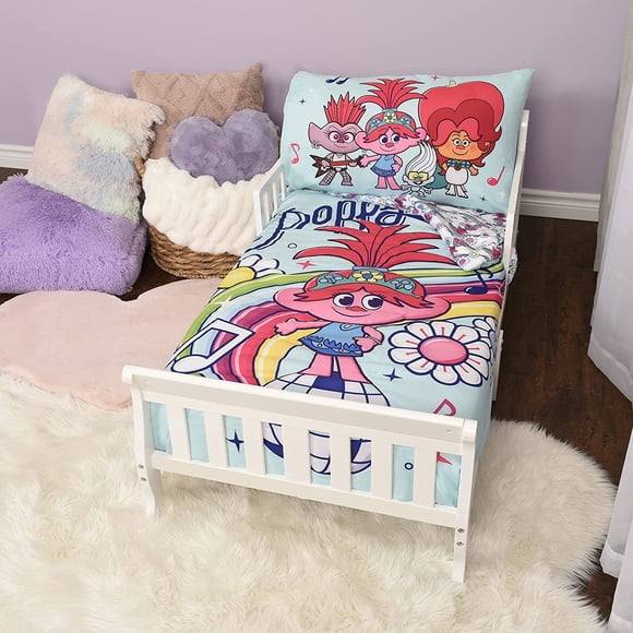 Trolls Ensemble de Draps pour Tout-Petits Poppy, Ensemble 3 Pcs pour Enfants avec Couette Réversible